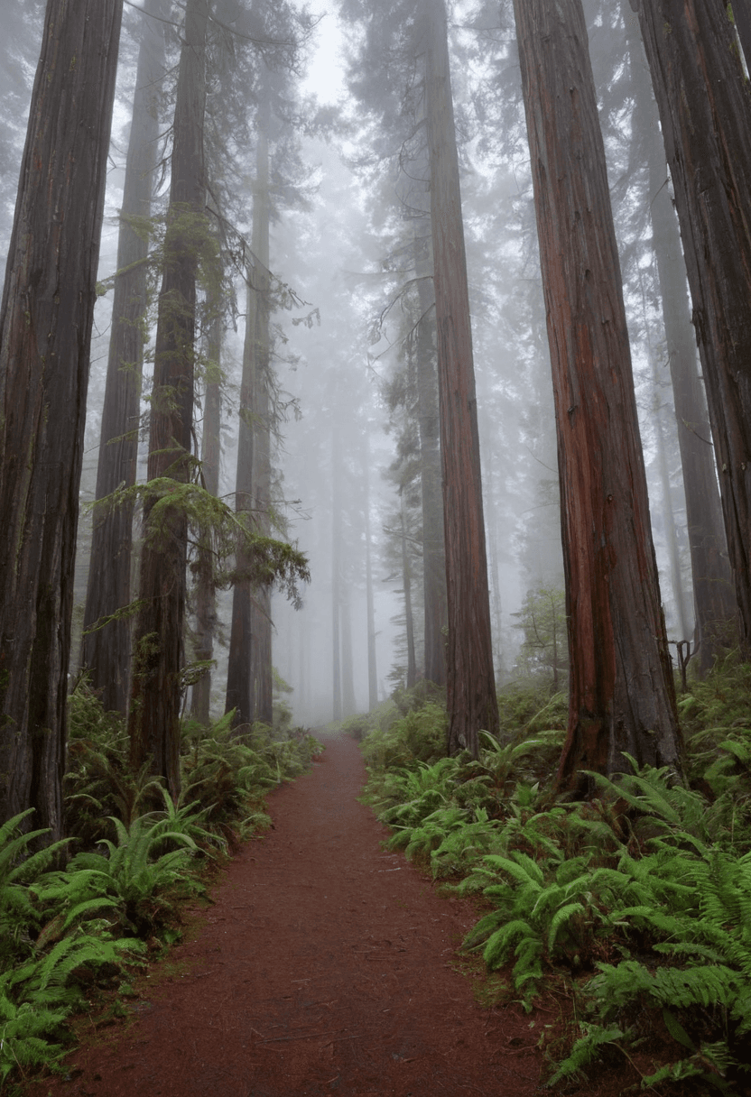 AI generated: A misty forest trail leading through an endless expanse of towering redwoods, where the path eventua...