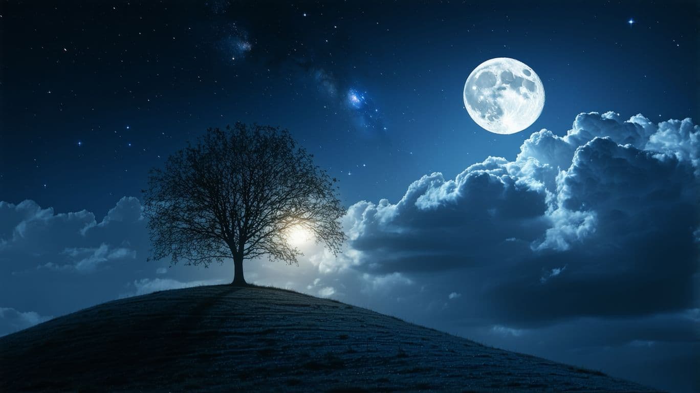 AI generated: A dark night with faint stars showing between many clouds, a full moon illuminating a single tree on...