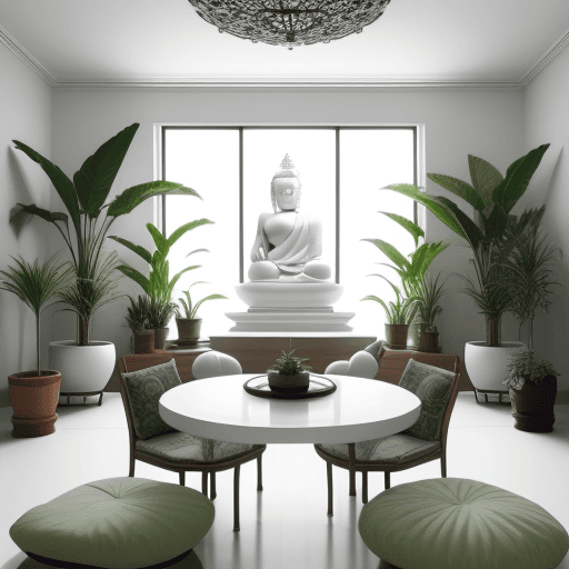 AI generated: a beautifully designed room with a white theme, featuring a large Buddha statue in the center. The r...