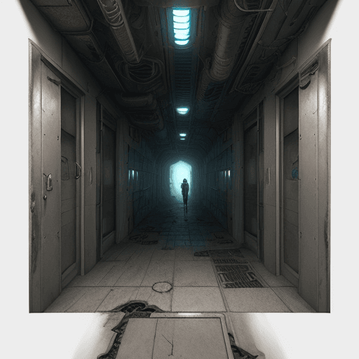 AI generated: top down isometric concept art of a gloomy corridor in a dark spaceship, abandoned, post-apocalyptic...