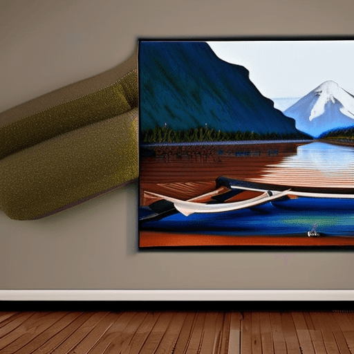 AI generated: A surreal photograph of a river floating out of an oil painting on a living room wall and spilling o...