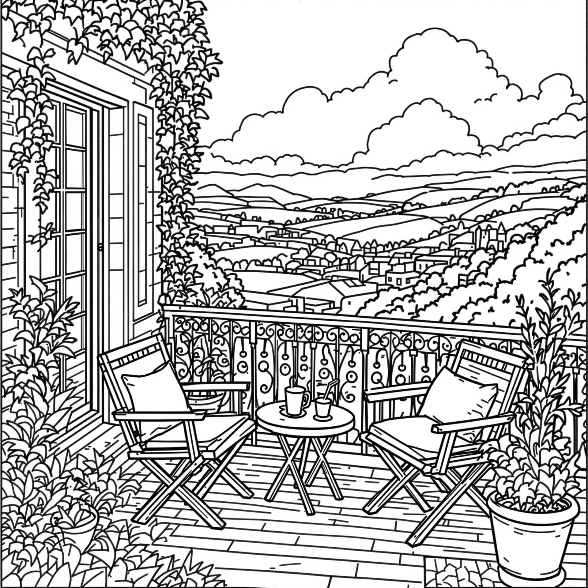 AI generated: High-resolution black-and-white line drawing of a balcony: Include detailed elements such as a view ...