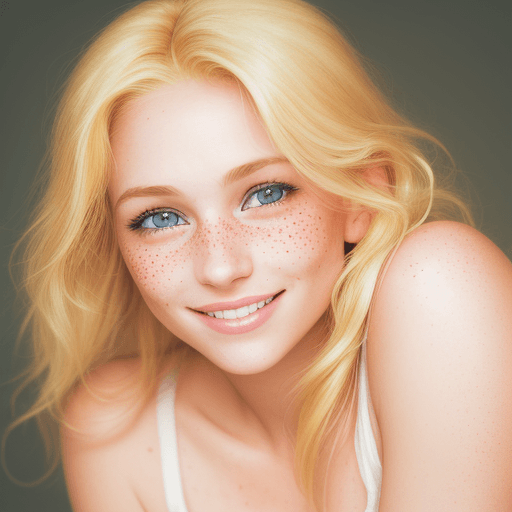 AI generated: High resolution photography of a dreamy blonde pretty woman looking at me with freckles, smiling