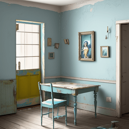 AI generated: A painting of an old, shabby room with pastel blue walls and a yellow door frame with a cat lying on...