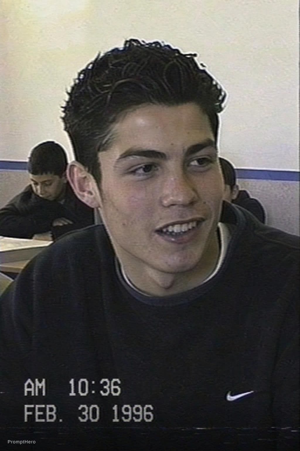 AI generated: Image of Cristiano Ronaldo from a VHS camcorder recorder in a highschool in Feb of 1996. Same grain ...