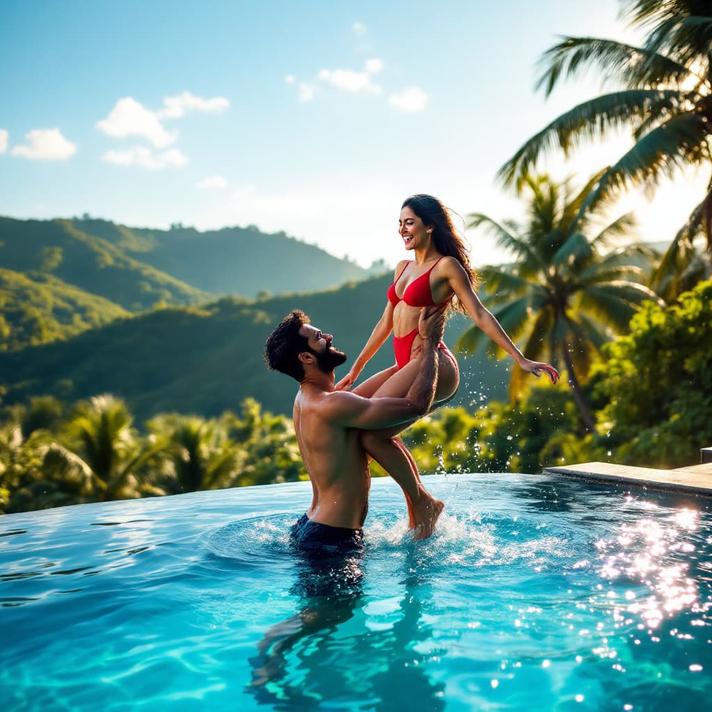 AI generated: A joyful image of a indian 
couple in their early 30s playing in an infinity pool at a boutique reso...