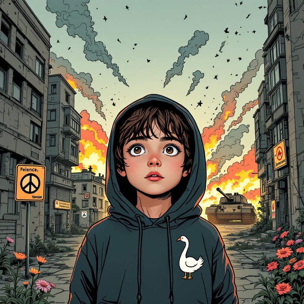 AI generated: Eine stilisierte Comic-Illustration mit kräftigen Outlines und lebendigen Farben. Eine postapokalypt...