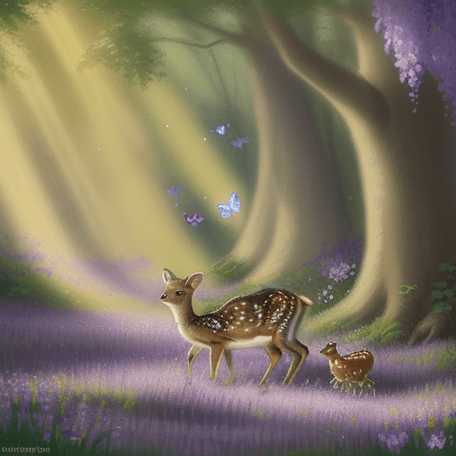 AI generated: [1] A little fawn with white spots, [2] investigating a meadow of violet flowers glittering with mor...
