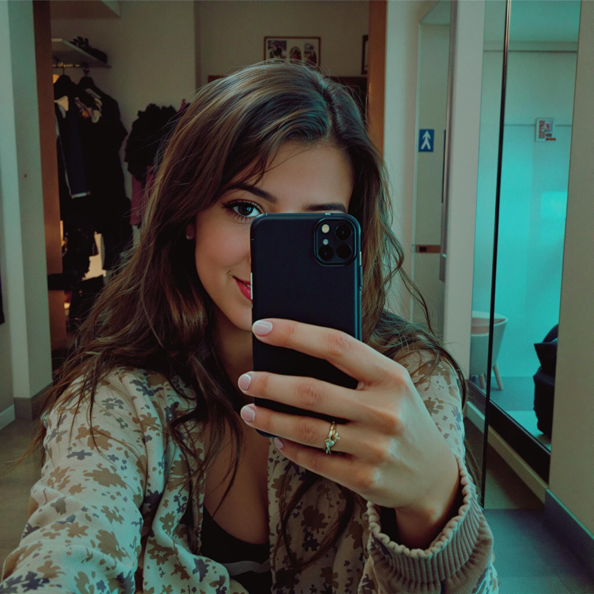AI generated: low quality phone photo, , a girl realistic, atracttive, , truly, indoor, selfie photo, 