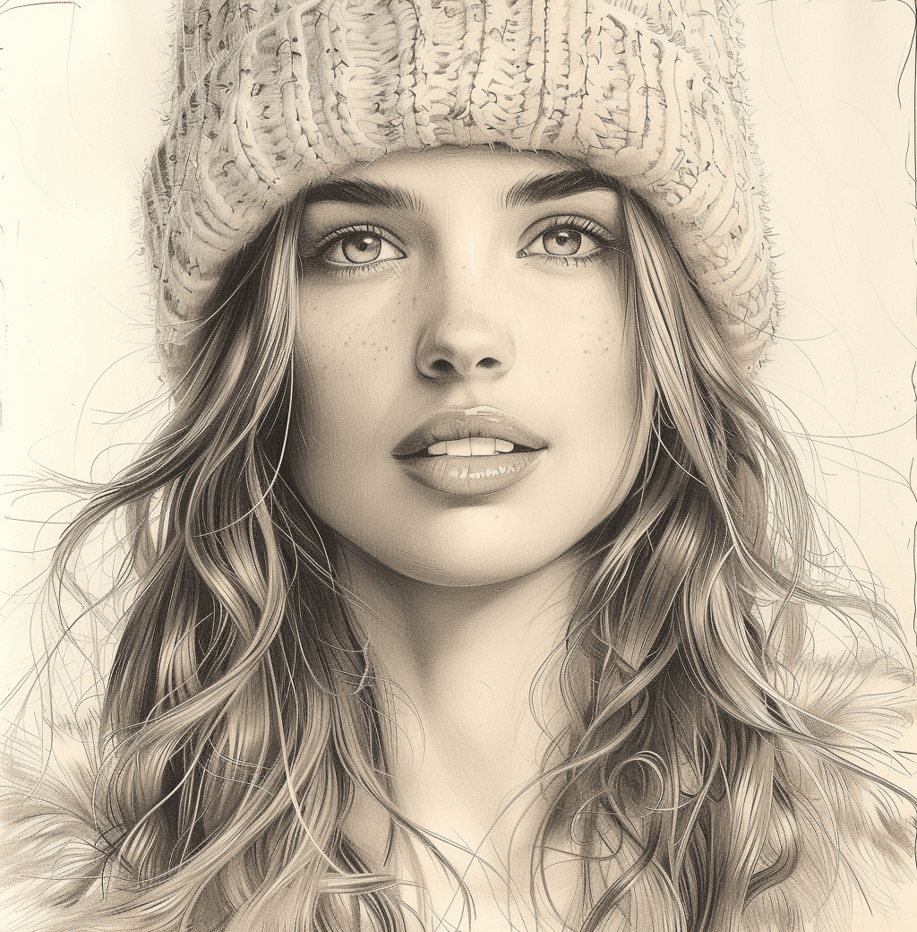 AI generated: a portrait of a young woman wearing a beanie, in the style of mike deodato, raphael lacoste, charmin...
