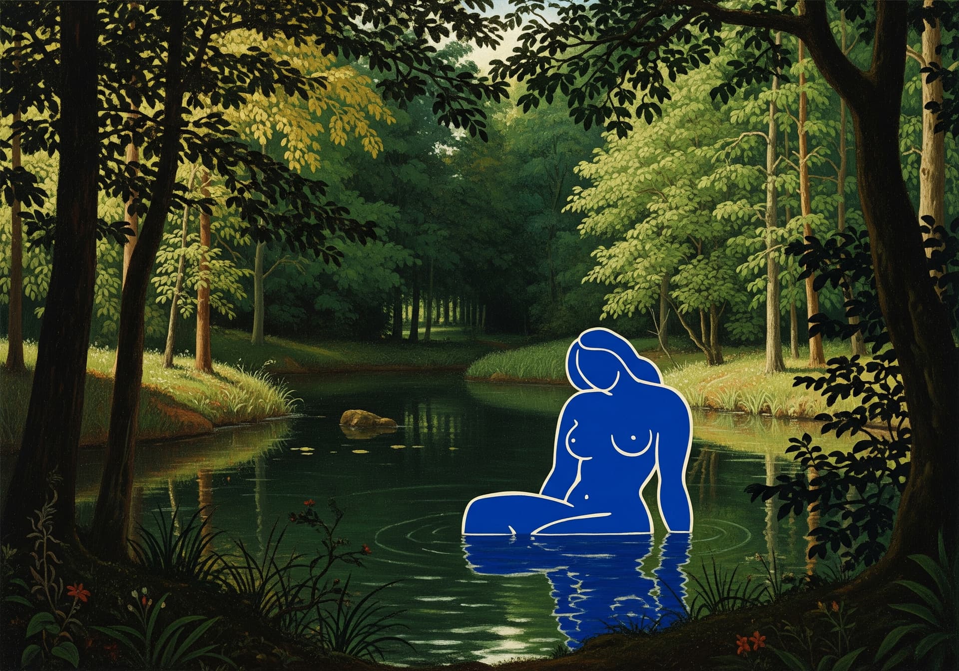 AI generated: A Renaissance-style painting of a secluded, small forest lake, now depicted with more vibrant and ri...