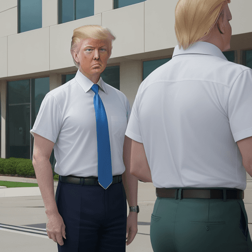 AI generated: donald trump wears short sleeve white shirt with blue tie, dark green jeans, he is standing in front...