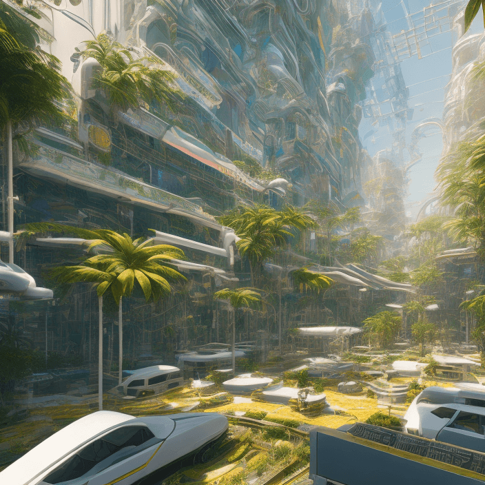 AI generated:  hyperrealism| intricate details| unreal engine | a bright sunny hopeful sythwave cyberpunk utopia 8...
