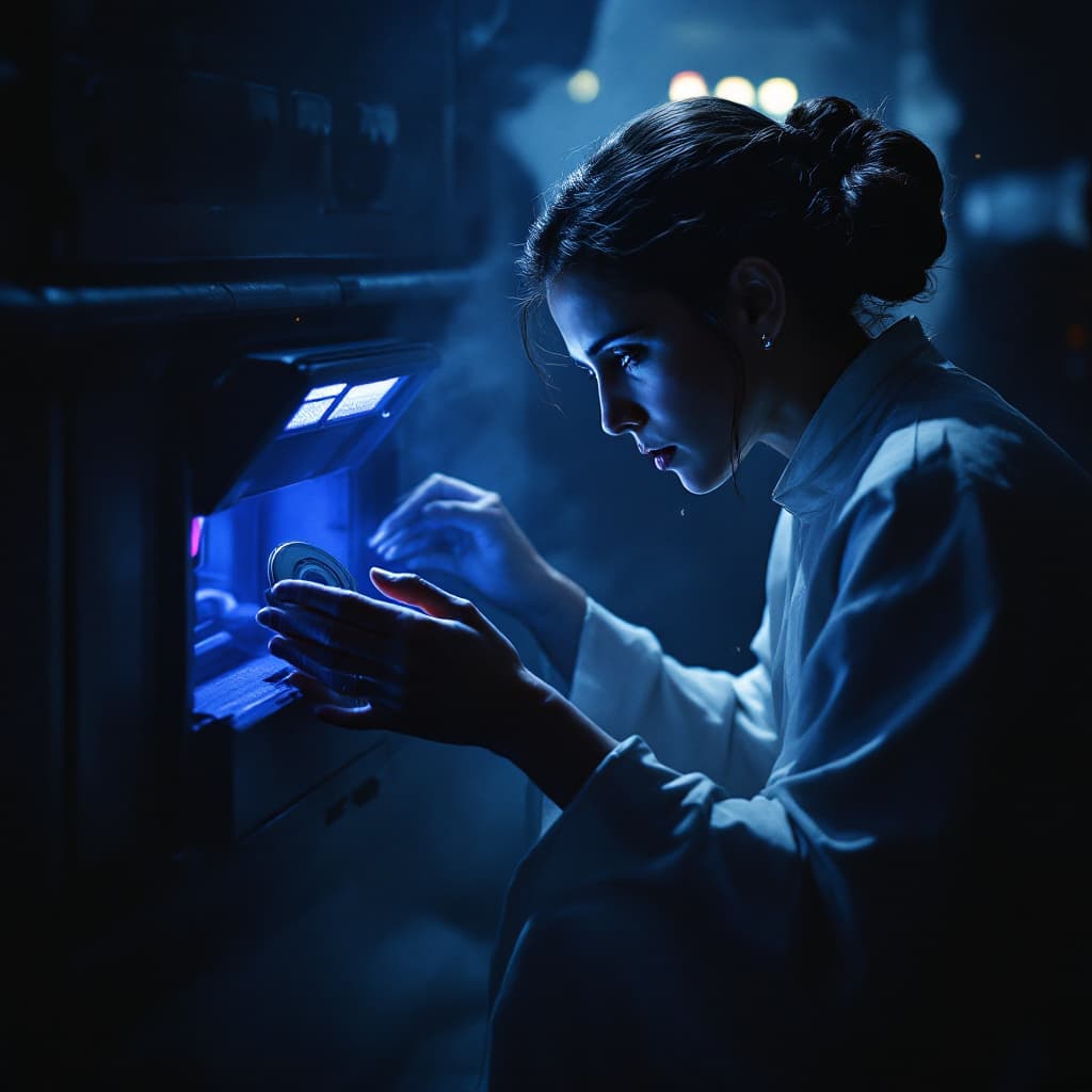 AI generated: "An ultra-detailed, cinematic scene of Princess Leia Organa crouched closely beside R2-D2 in the nea...