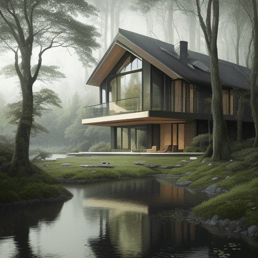 AI generated: the house sitting on the river and surrounded by greenery and trees, in the style of futurist elemen...