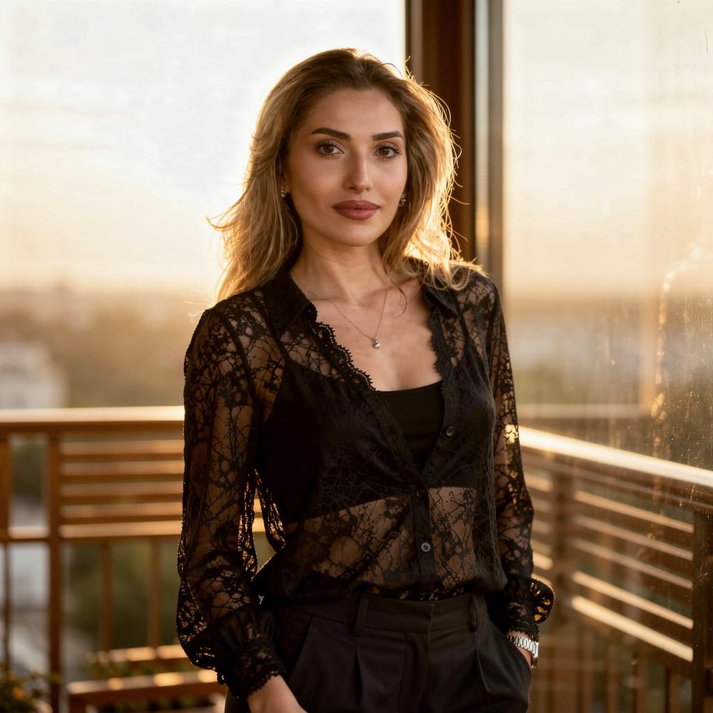 AI generated: Women in the picture stands by a window wearing black lace lingerie. Her body is positioned slightly...