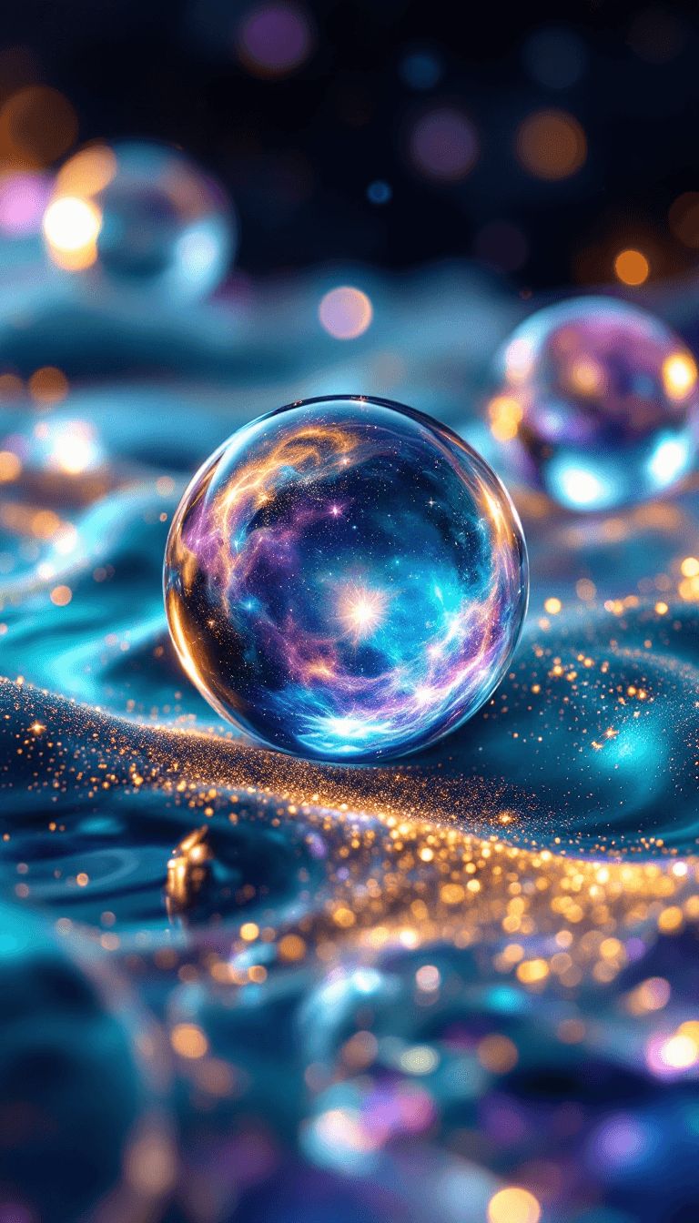 AI generated: A mesmerizing macro view of cosmic orbs resting on a fluid, stardust-covered surface. The orbs refle...