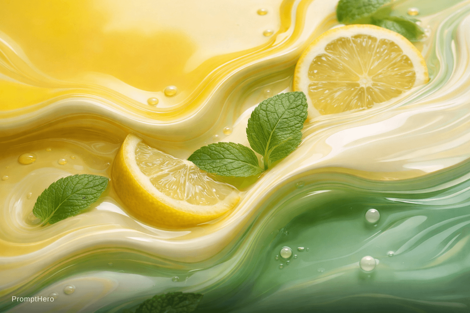 AI generated: A high-end abstract fluid composition featuring a harmonious blend of fresh lemon and mint elements....