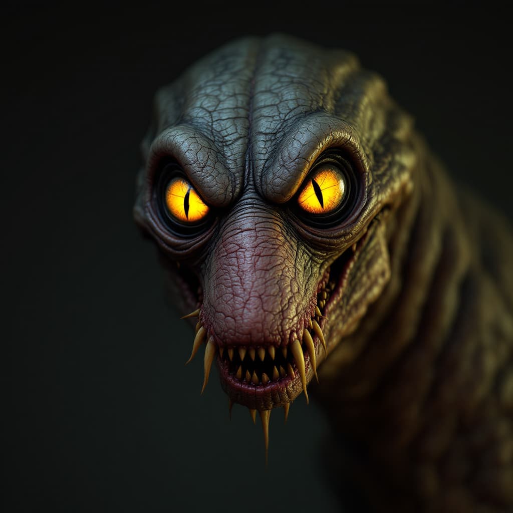AI generated: Scary creature, flat snout, yellow eyes, horror, dark and haunting, hyperrealism, ultra-detailed, 8k...