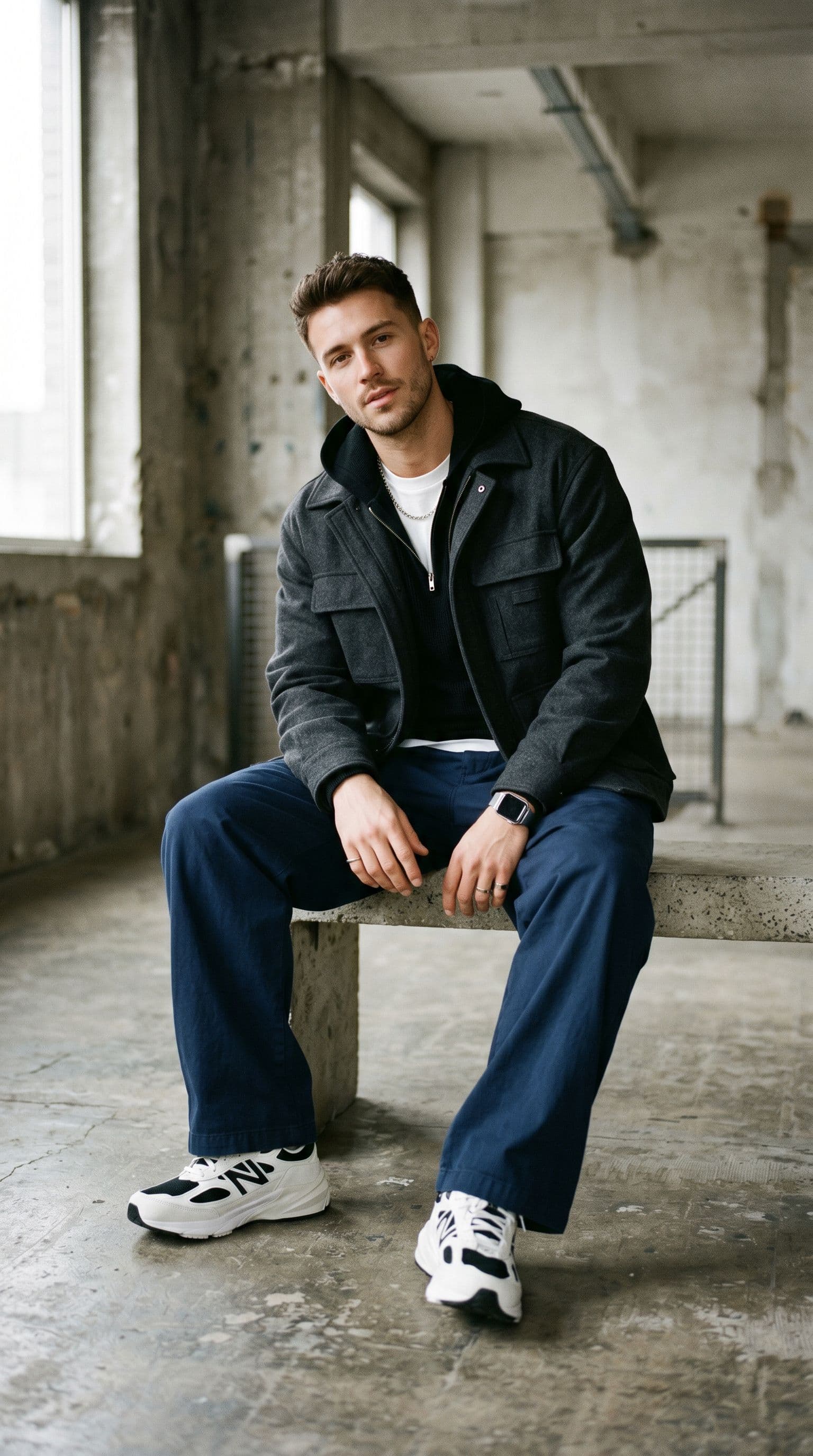 AI generated: Create a high-end fashion image of a male model wearing relaxed luxury streetwear with wide-leg trou...