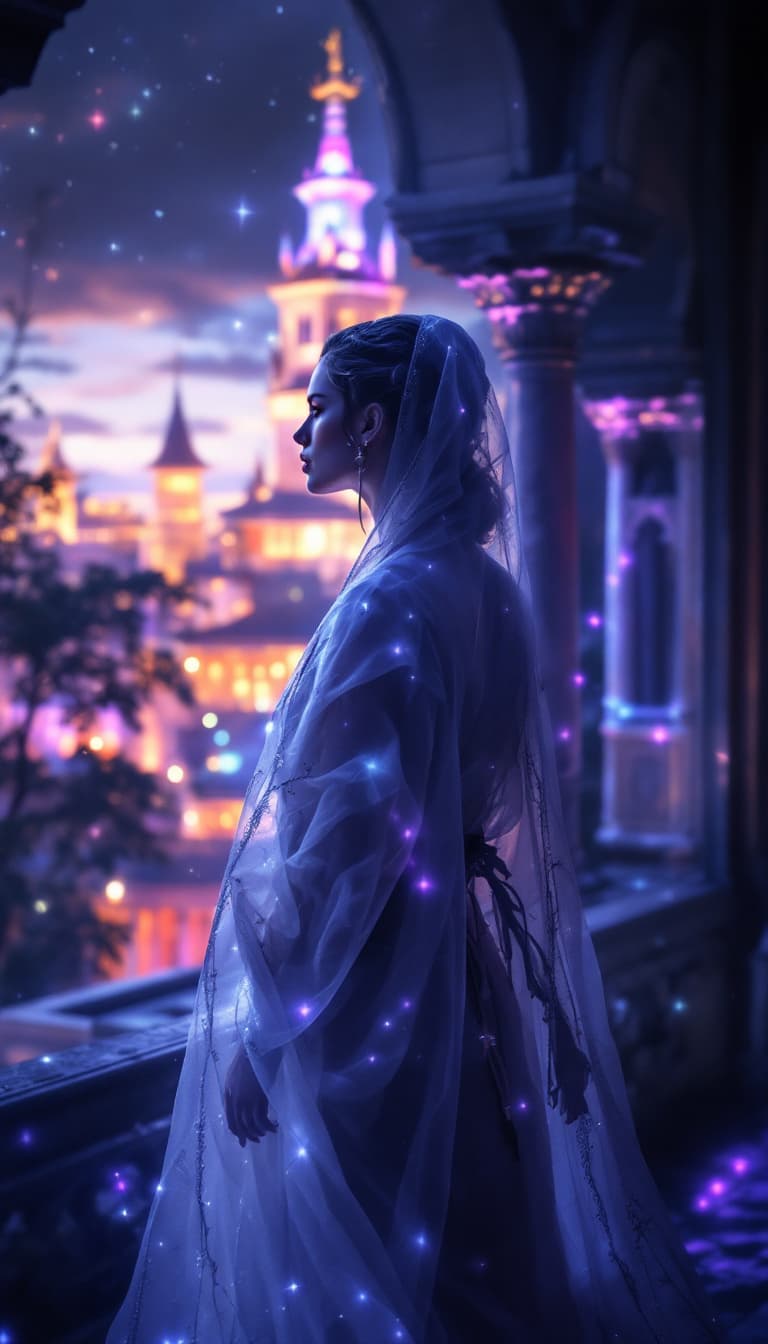 AI generated: hyper realistic side pose 
image of a warrior queen dressed in a see thru night robe viewing outside...