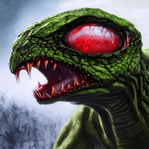 AI generated: green-skinned monstrous reptilian, small antennae-like ears, large fangs, large eyes wide-set, snowy...