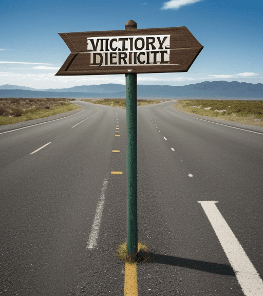 AI generated: A signpost stands at a fork in the road.
Pointing in one direction, the sign says "Victory." Pointin...