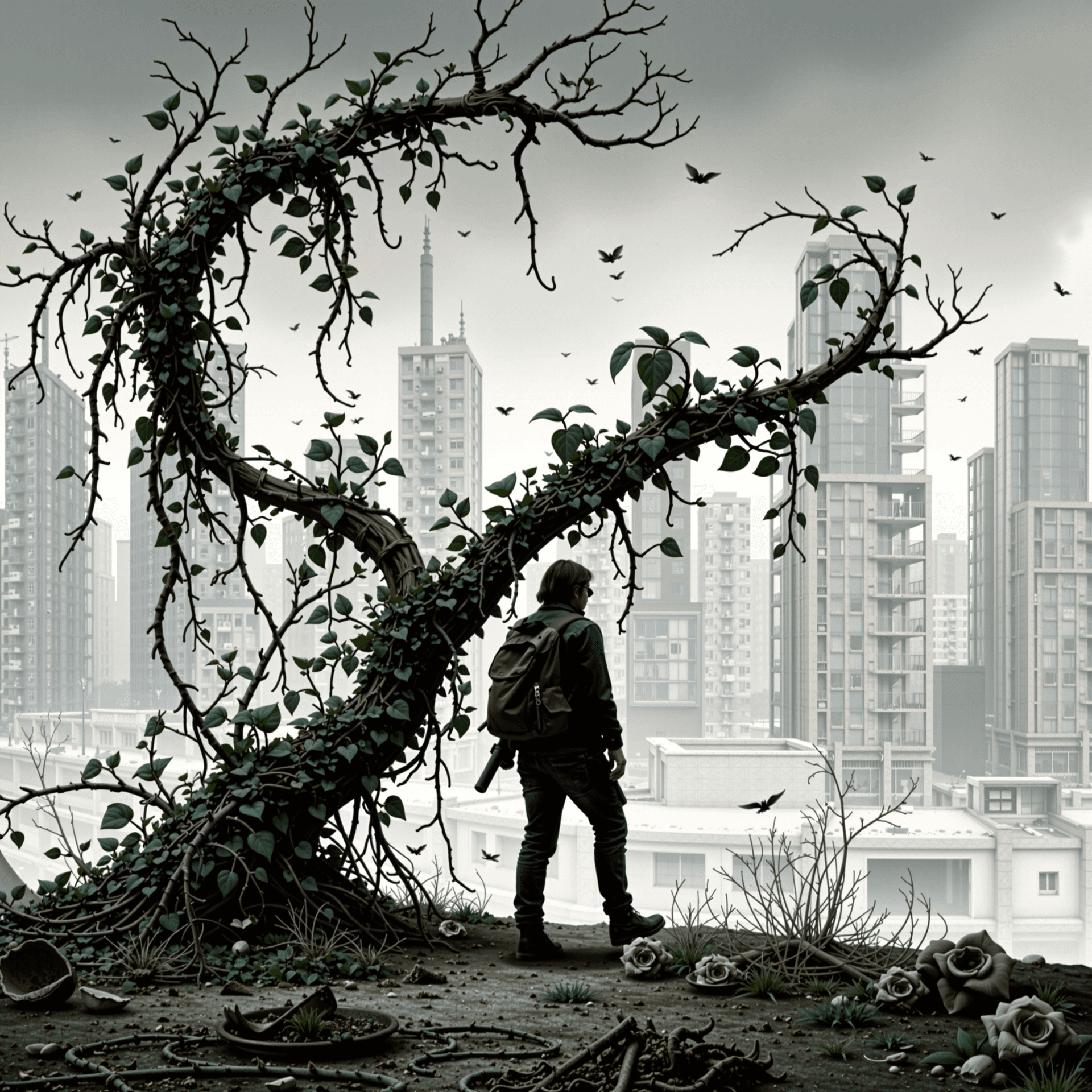 AI generated: A post-apocalyptic city softened by overgrown vines, survivor moving slowly through memory and loss,...