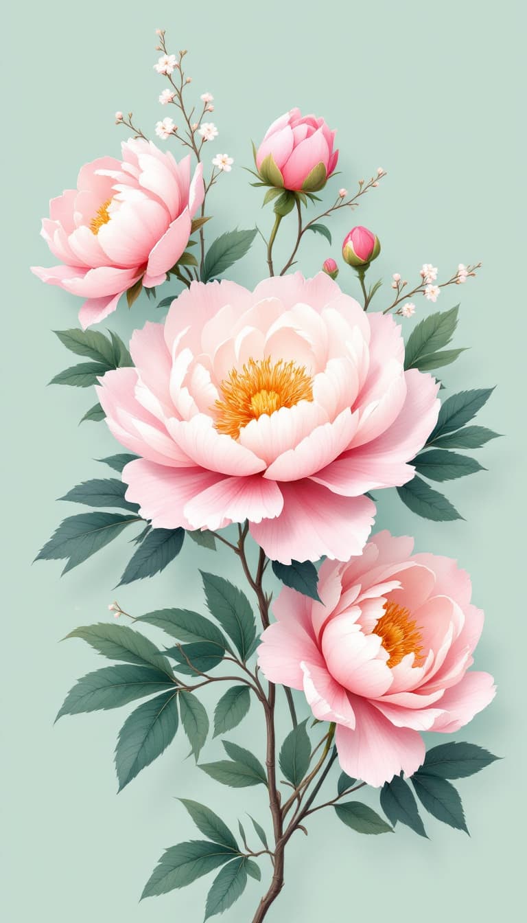 AI generated: Delicate illustration of blooming pink peony with pale yellow center surrounded by lush green leaves...