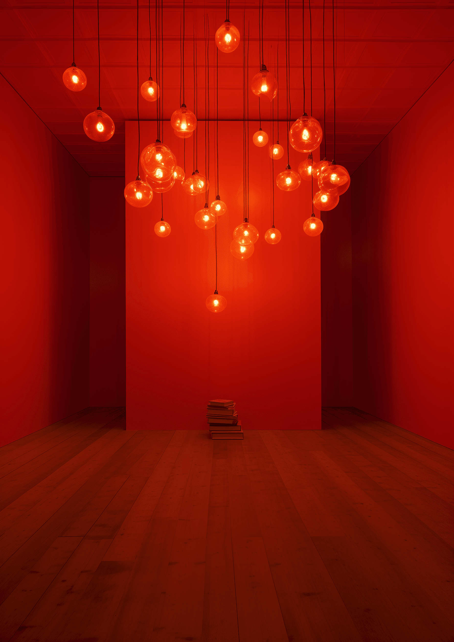 AI generated: A photograph of an empty room with red walls and one door, with piles of books on the floor. A singl...
