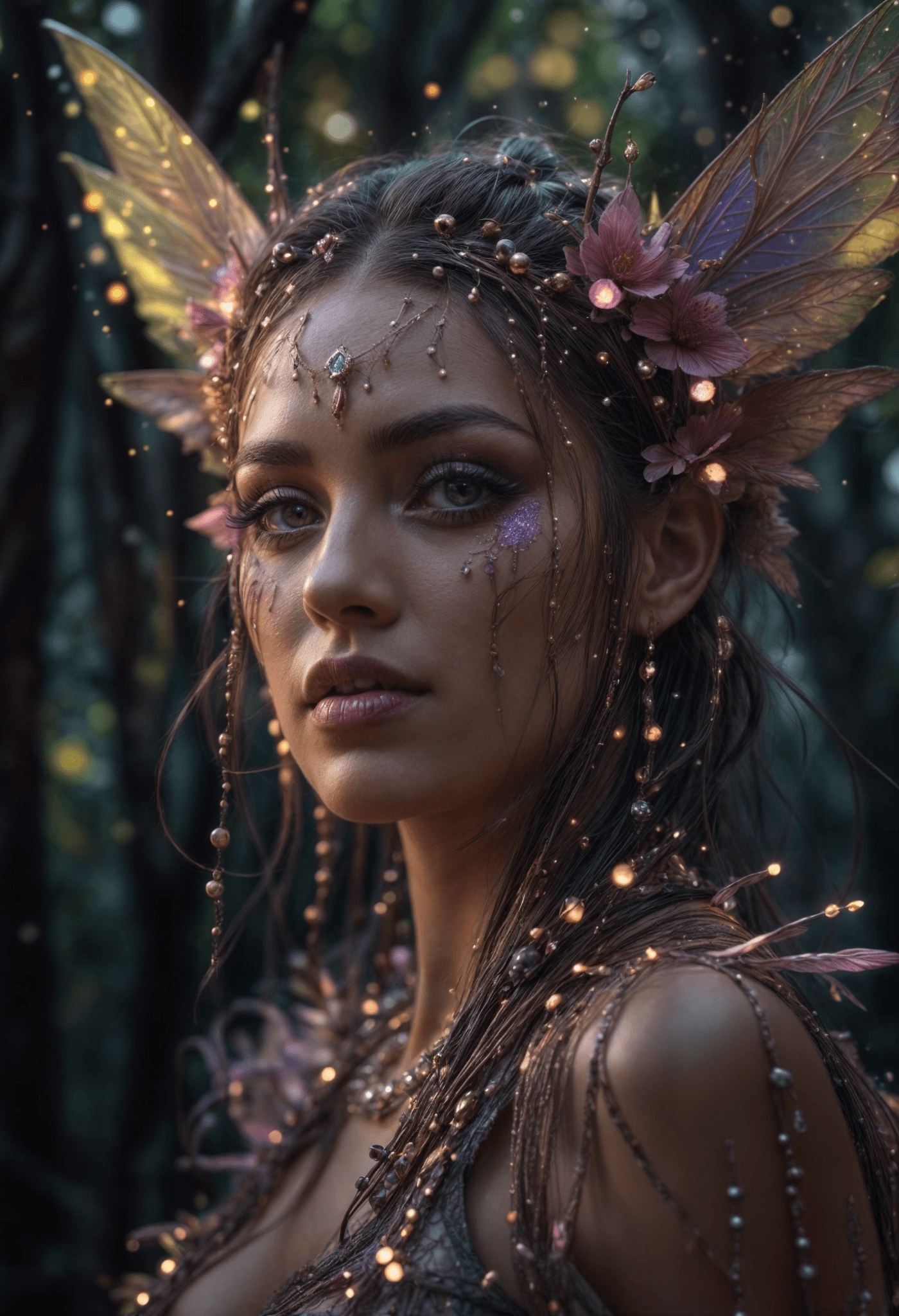 AI generated:  The image is a close-up of a woman with elaborate makeup and a fairy-like costume, set against a bl...