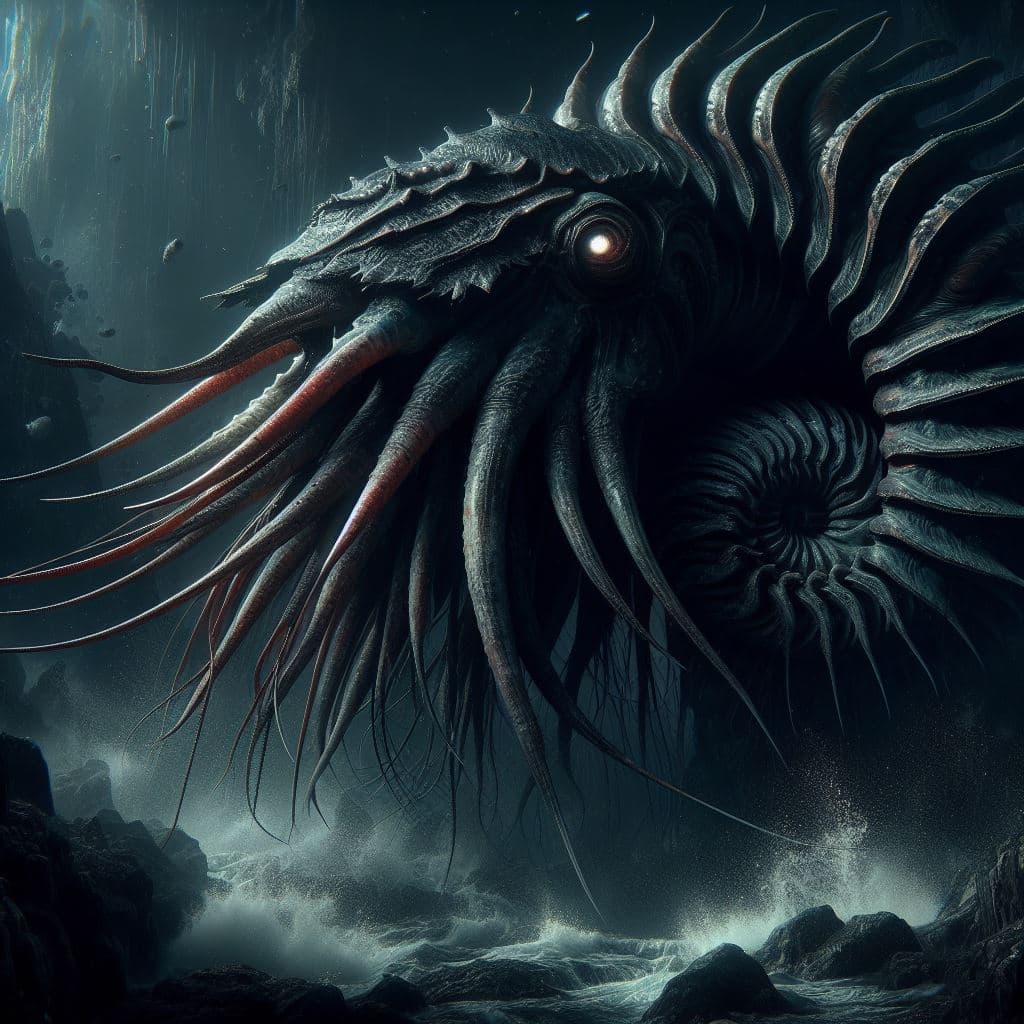 AI generated: Capture the dark and ominous power of Abyssal Nautilus in a hyper-realistic photograph set amidst a ...
