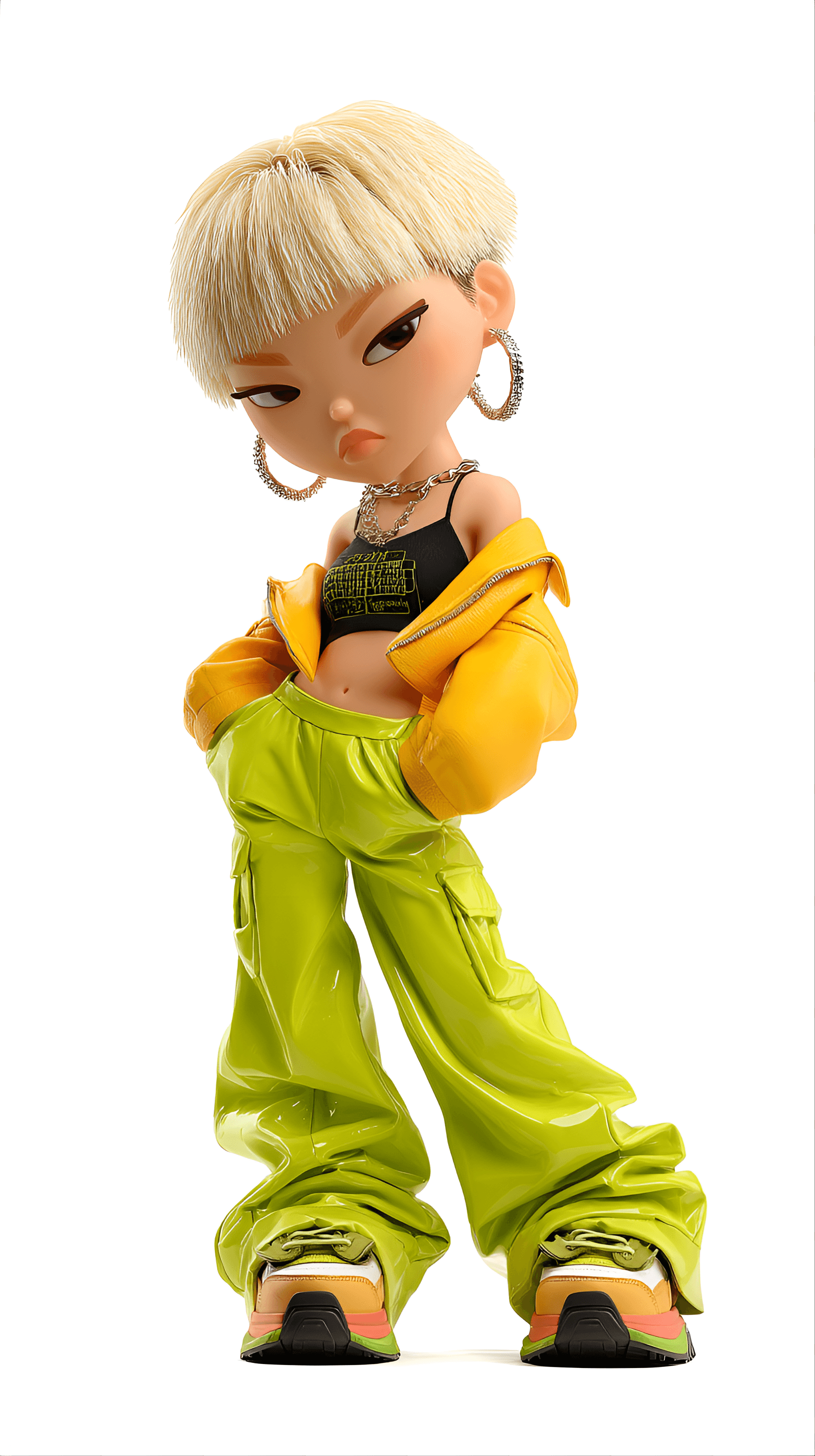 AI generated: cute caricature chibi, bold chibi fashion rebel, striking a power pose, the bold chibi fashion rebel...