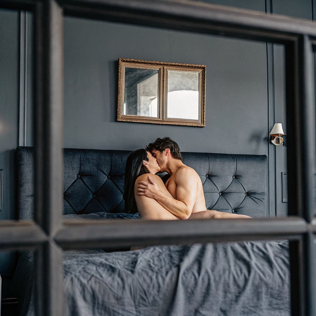AI generated: A man and a woman couple embraces in an Art Deco bedroom, their bodies in a doggy position displayin...