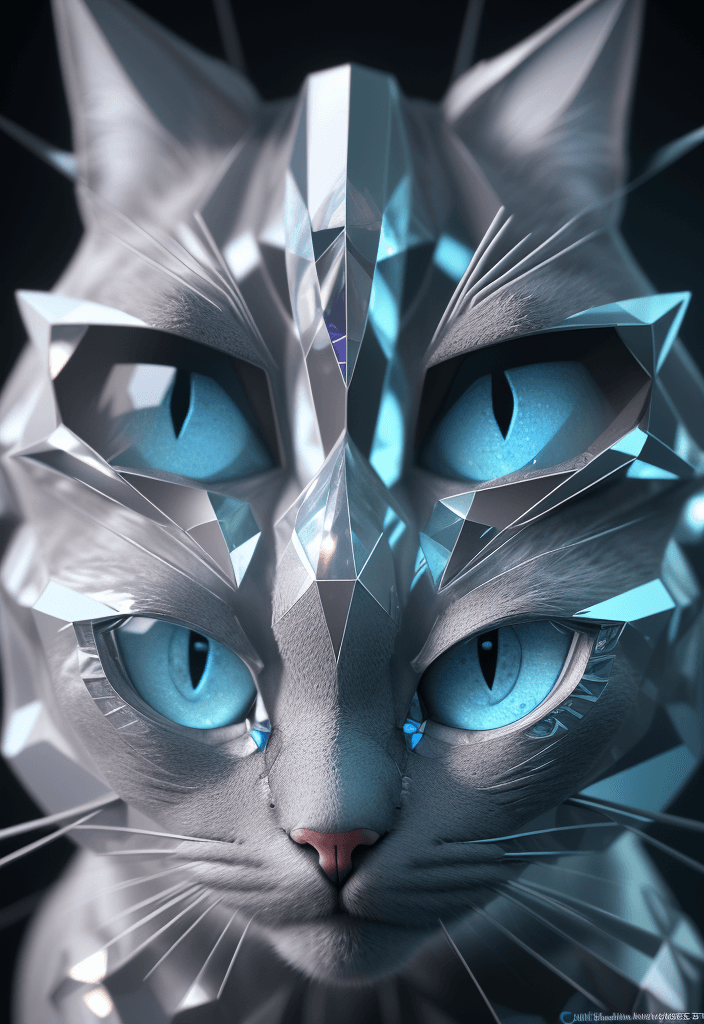 AI generated: a close up of a cat (made from a many cristal fragmrnts:1.2), (crystal cubism:1.2), with blue eyes, ...