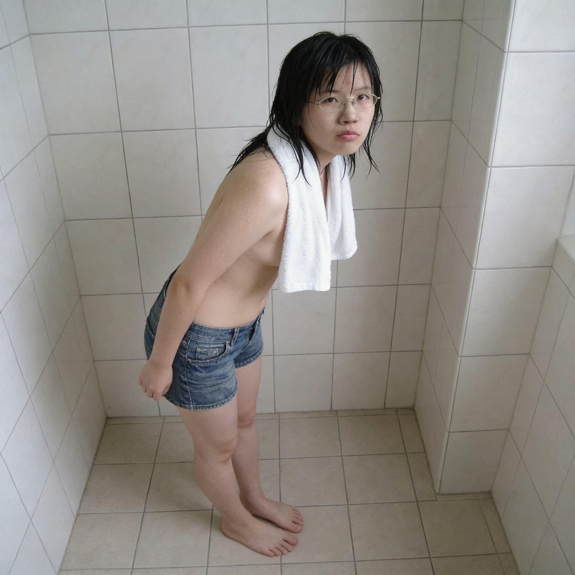 AI generated: view from side. she is looking at the camara