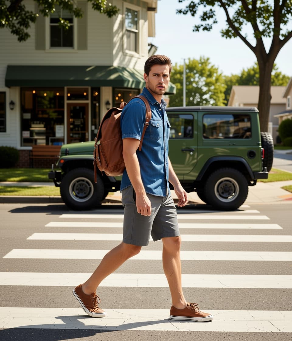 AI generated: In a sunny morning at a nice neighborhood. There's a green olive jeep park across a coffee shop. The...