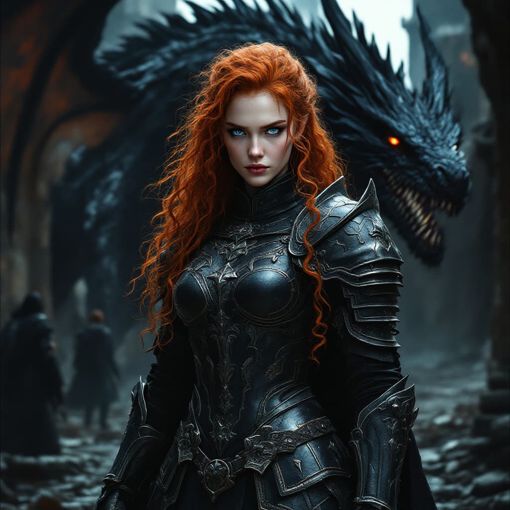 AI generated: a full body shot of a 23-year-old warrior woman with long, curly red hair and pale skin, wearing bla...