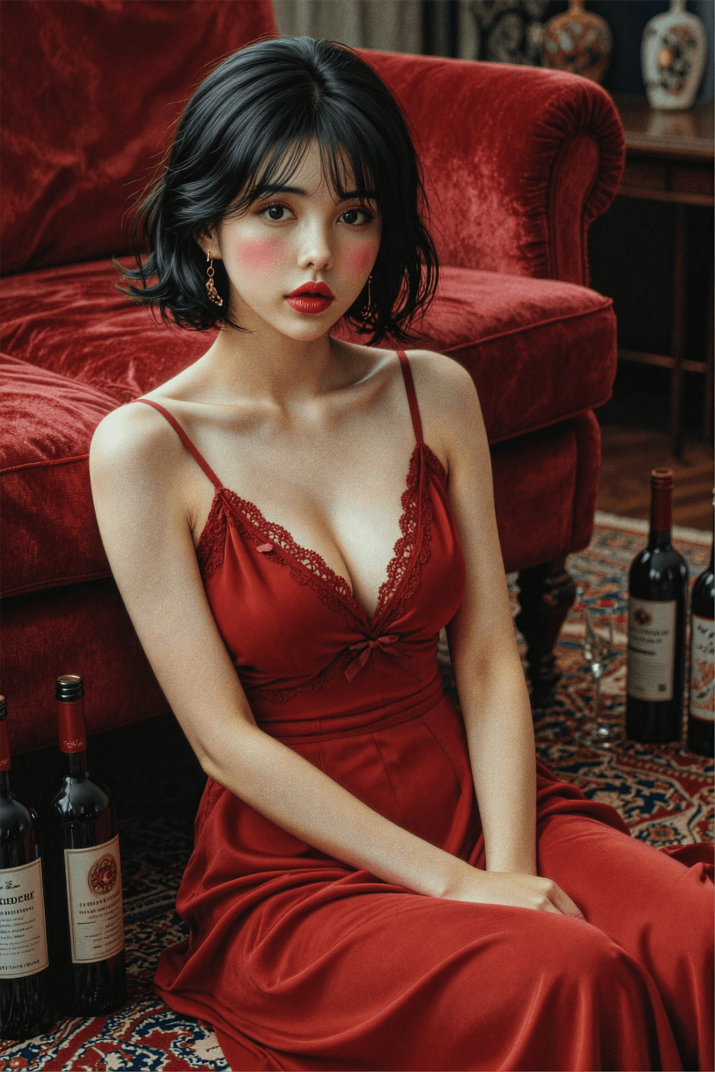 AI generated: A vertical realistic photograph in a 1990s vintage film aesthetic of a beautiful East Asian woman wi...