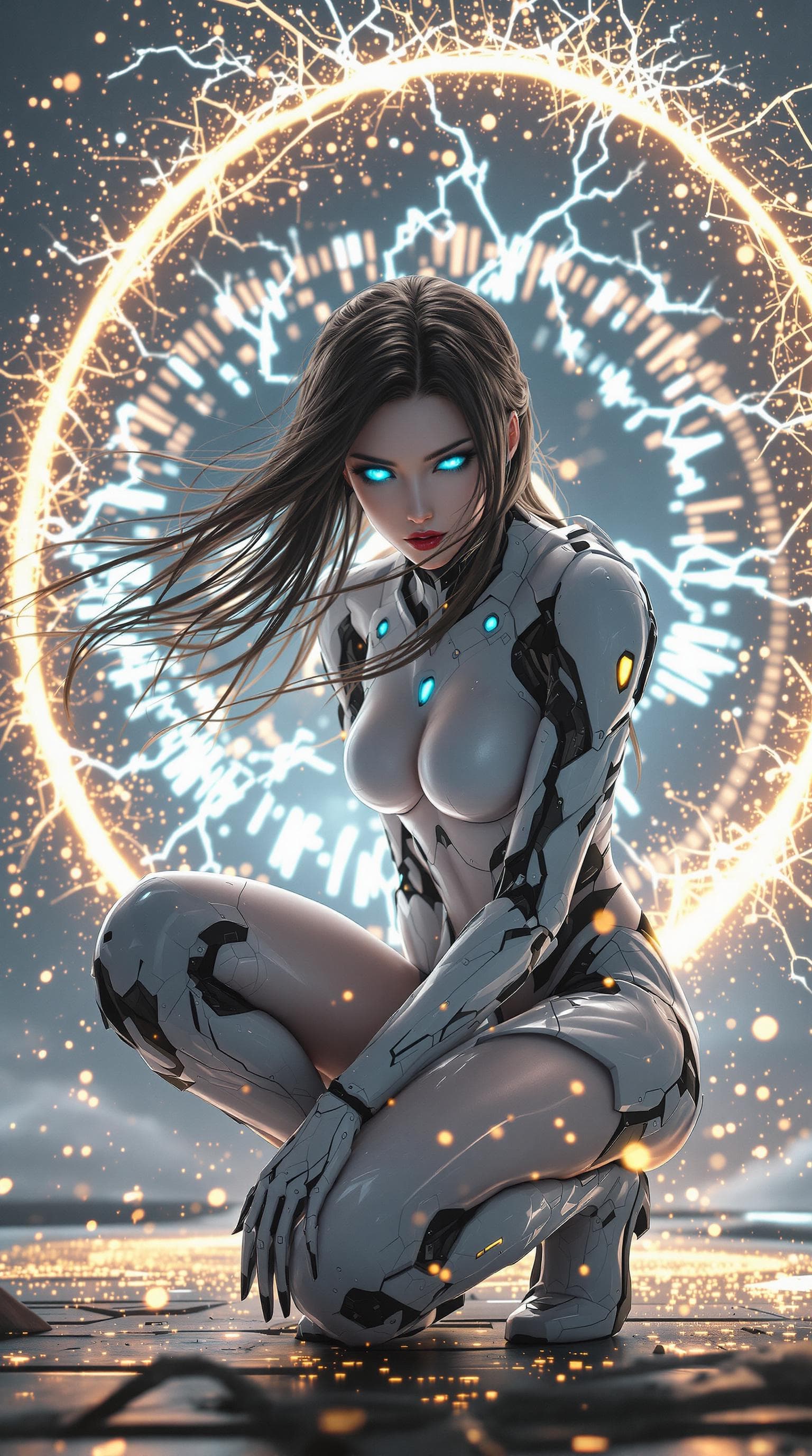 AI generated: In a breathtaking 8K wallpaper, a stunning female android combatant from the future crouches on one ...