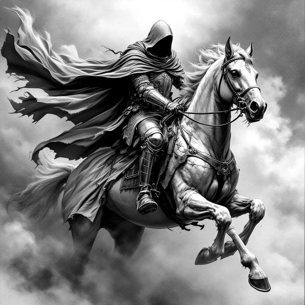 AI generated: Black and white art of a hooded knight riding his horse in full gallop, smoke around him, detailed, ...