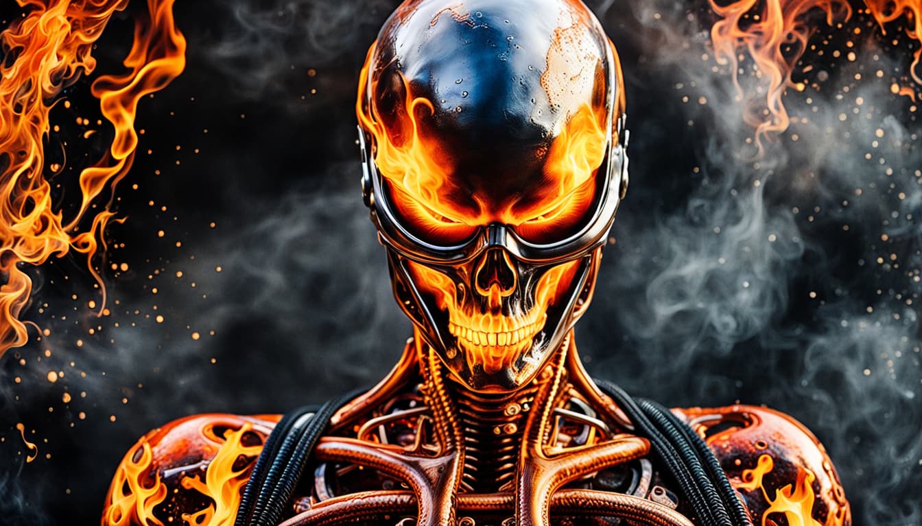 AI generated: 200mm Insanely detailed raw photo, close-up, a cute girl as a Ghost Rider, epic realistic mask, bald...