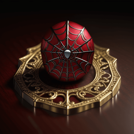 AI generated: necklace Ring on the table with the design and character of spiderman The necklace Ring is gold and ...