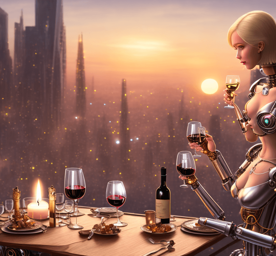 AI generated: a cute blonde is wearing a   party dress. She is drinking wine on a romantic terrace at sunset. with...