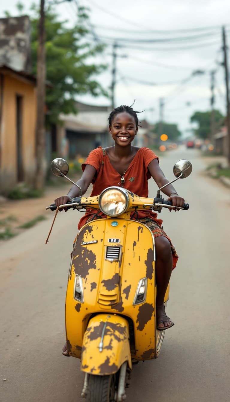 AI generated: Etwa 13 Jahre Junges afrikanisches Mädchen lächelnd auf einem sehr alten verbeulten Moped fährt über...