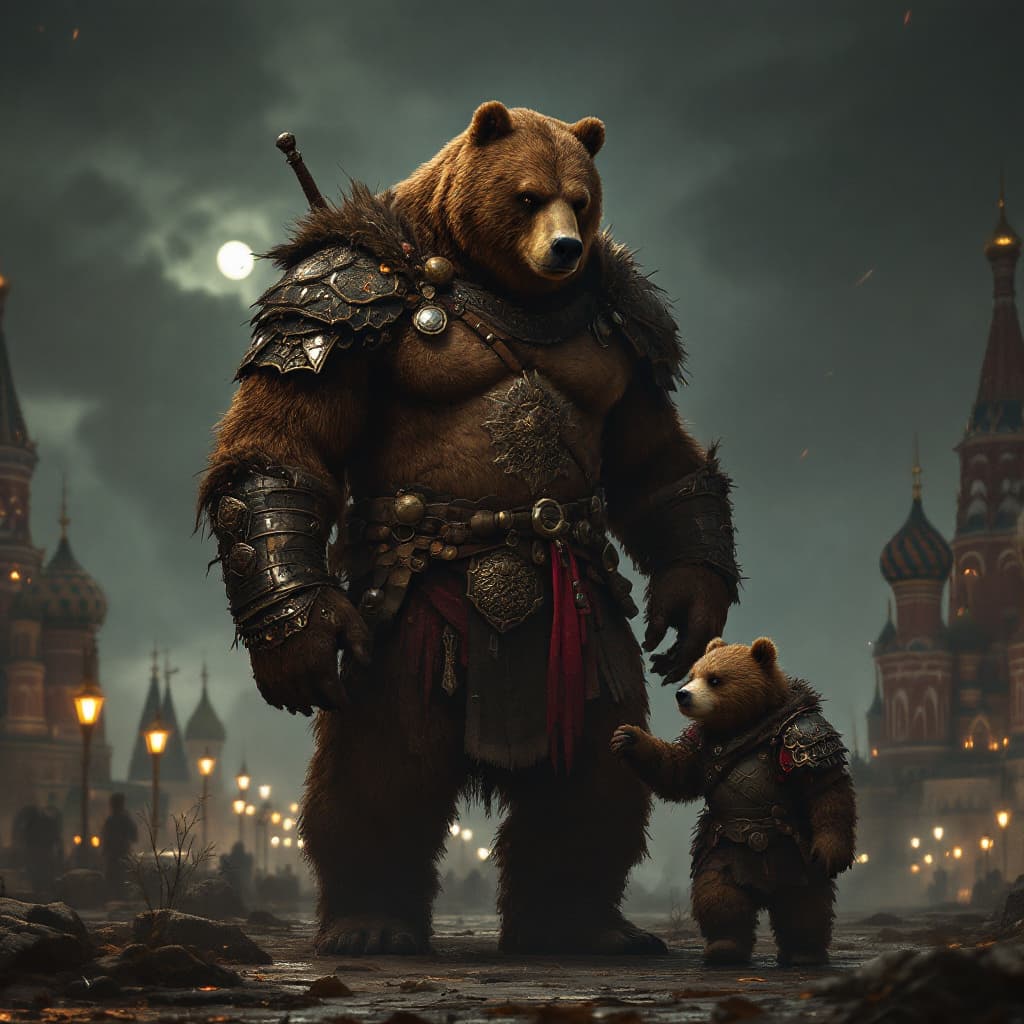 AI generated: brown bear (giant:1.4) with muscular warrior body standing next to baby, bear warrior: 1. 3, bear in...