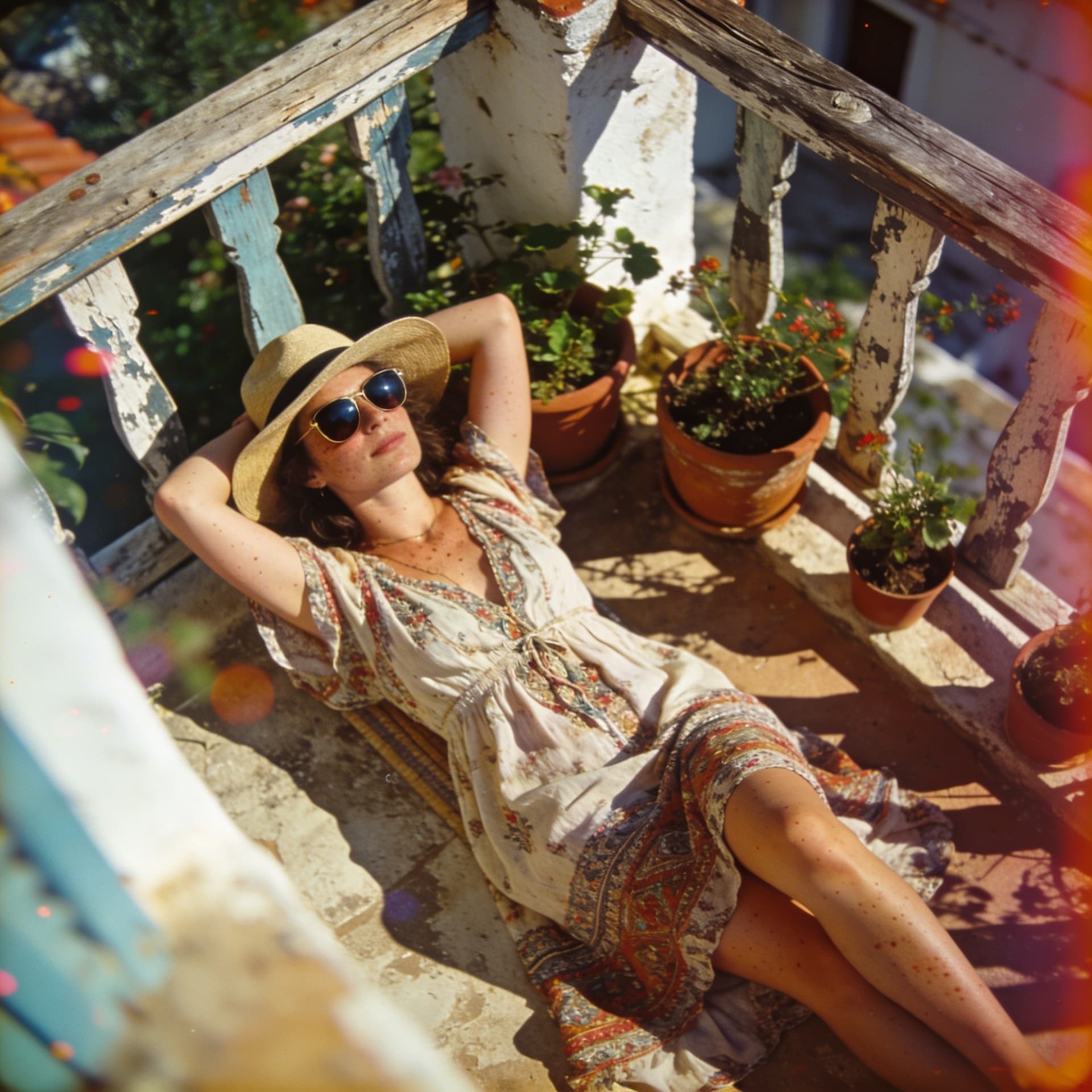AI generated: 
Style: bohemian, relaxed candid lifestyle private vacation, old house, balcony, sunbath, Mediterran...