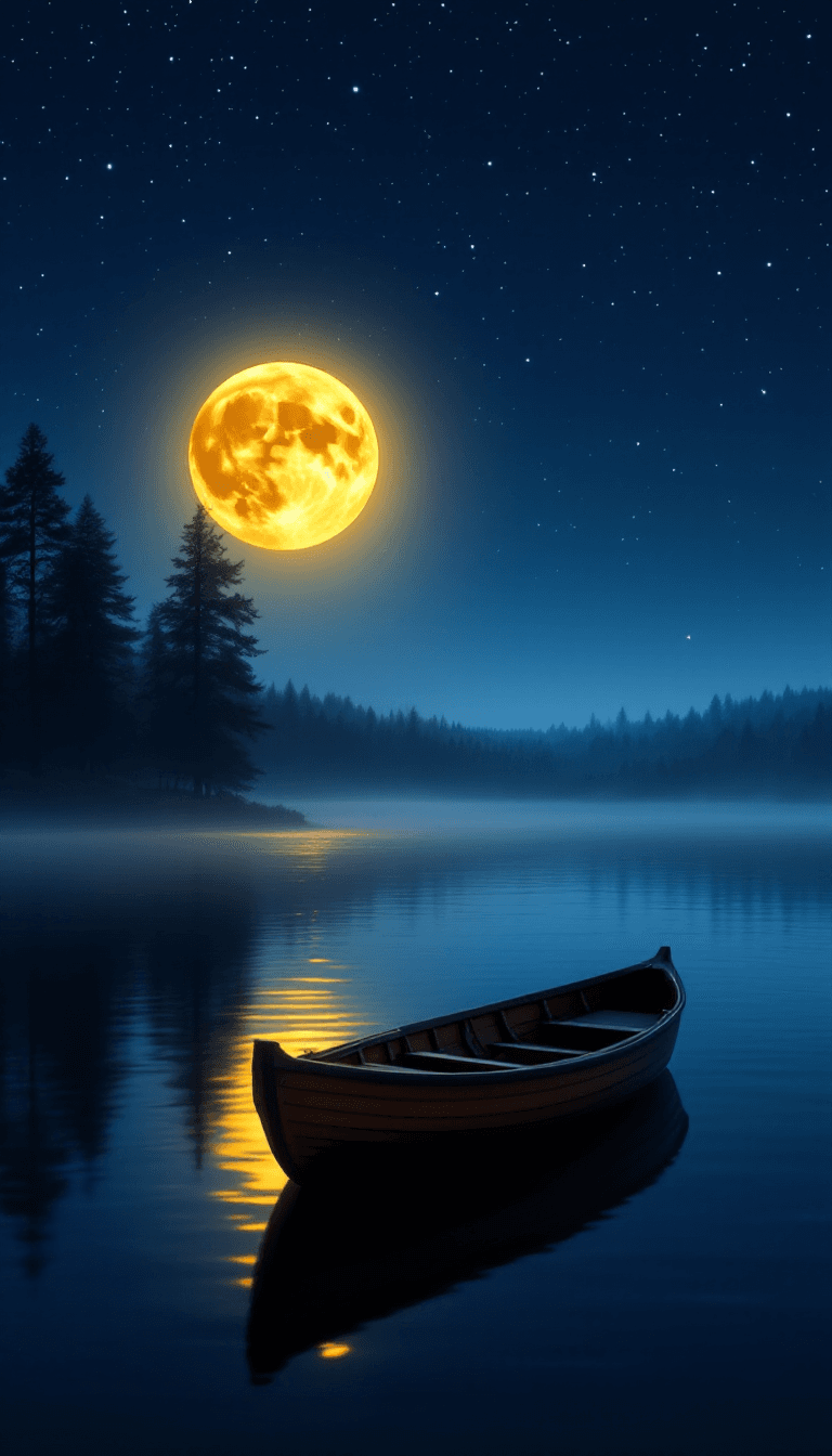 AI generated: "A tranquil night scene of a serene lake under a clear, starry sky. A large, luminous full moon domi...