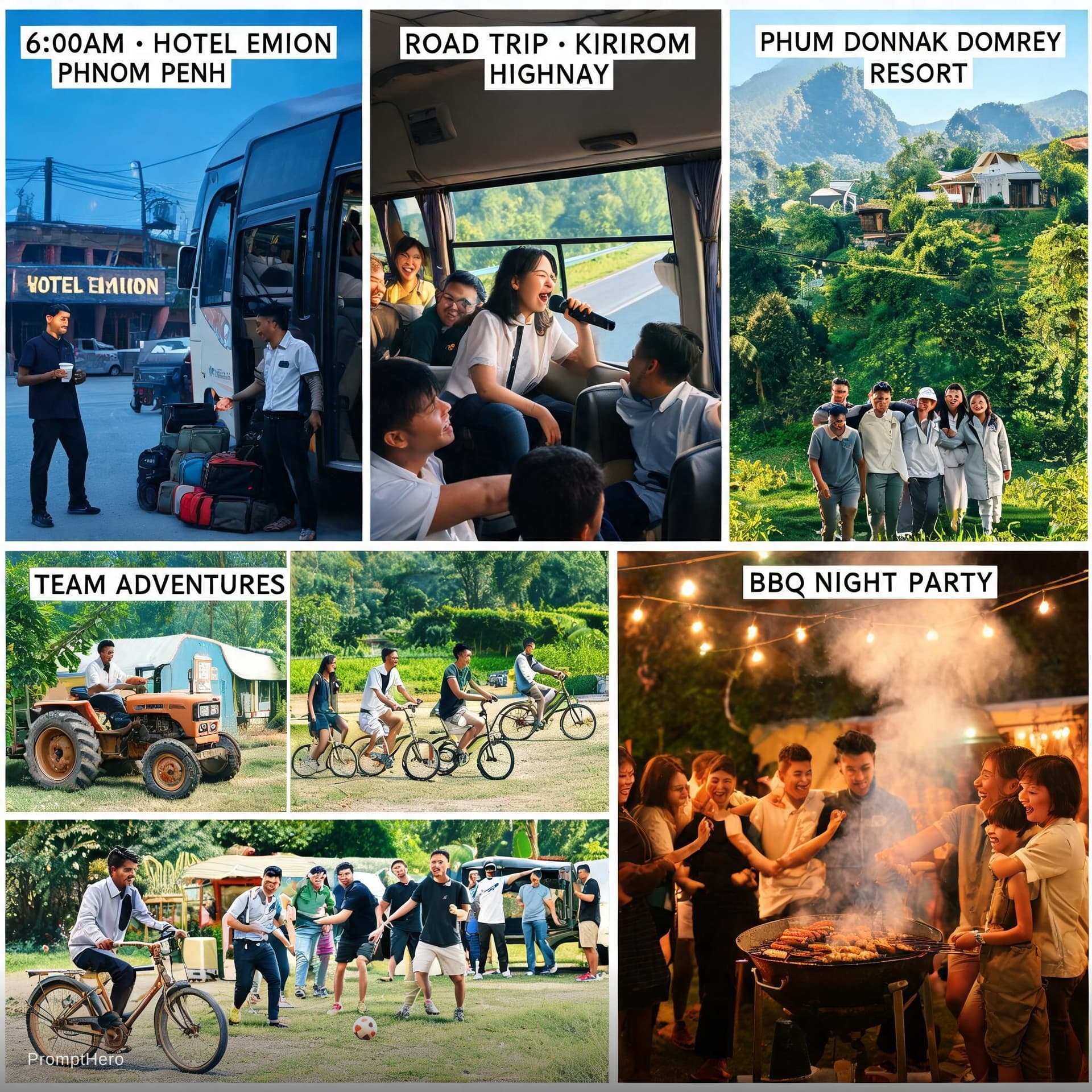 AI generated: Create a cinematic and emotional travel vlog for a hotel staff outing trip from Phnom Penh to Phum D...