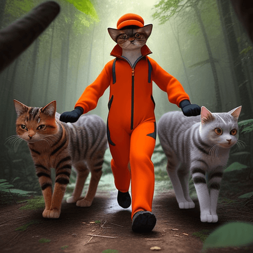 AI generated: Generate an image of a small, determined cat standing on his feet in the middle of a dense forest. T...